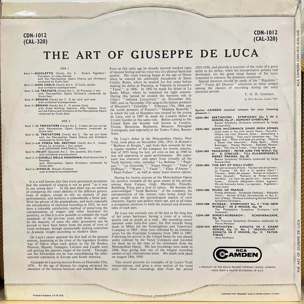 vinyl Giuseppe De Luca, Metropolitan Opera Chorus, Metropolitan Opera Orchestra – The Art Of Giuseppe De Luca