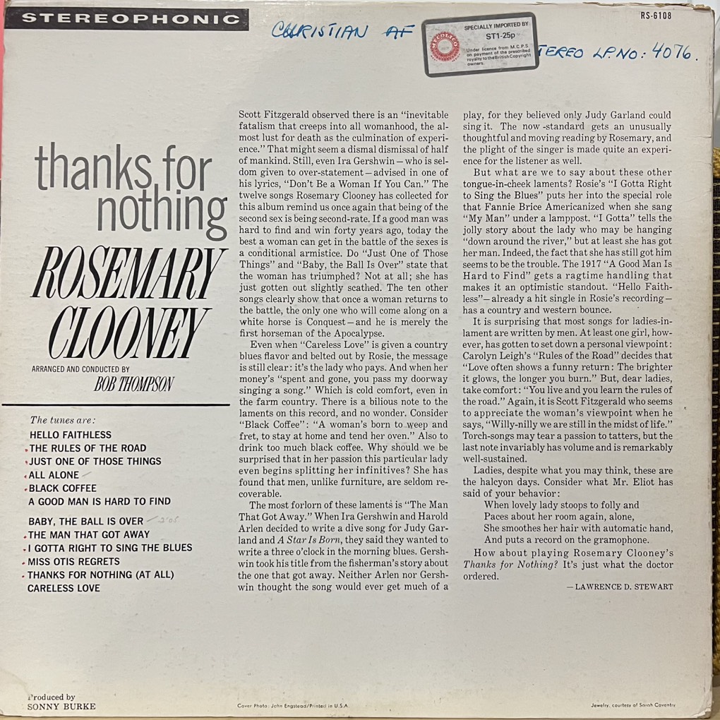 vinyl Rosemary Clooney – Thanks For Nothing