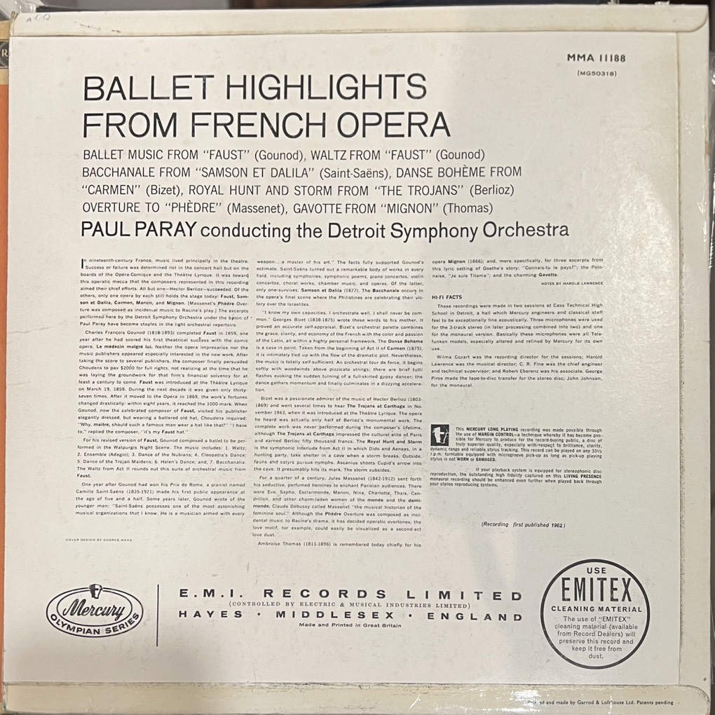vinyl Paul Paray, Detroit Symphony Orchestra – Ballet Highlights From French Operas