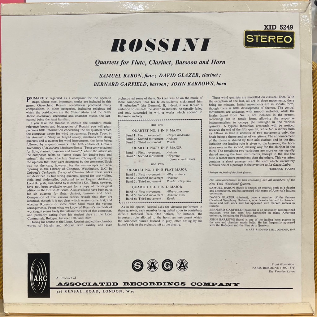 vinyl Rossini, Samuel Baron, David Glazer, Bernard Garfield, John Barrows – Quartets For Flute, Clarinet, Bassoon And Horn No.1 In F Major, No.4 In B Flat Major, No.5 In D Major, No.6 In F Major