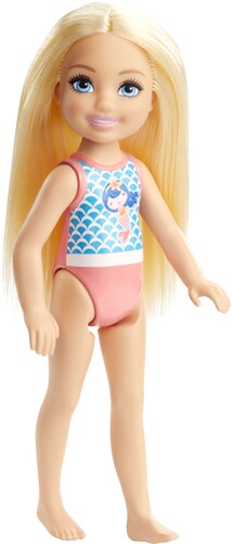 Mattel - Barbie Club Chelsea Beach Doll with Pink and Blue Mermaid Design Swim Suit, Blonde (Doll)