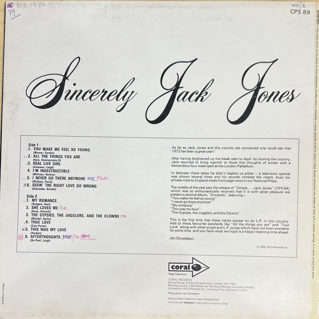 vinyl Jack Jones – Sincerely