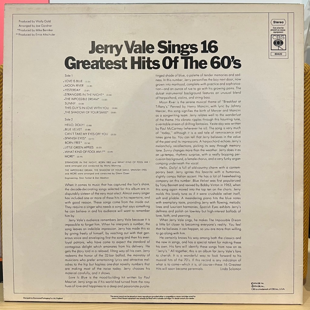 vinyl Jerry Vale – Sings 16 Greatest Hits Of The 60's