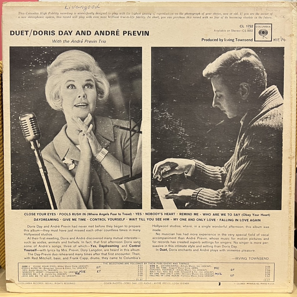 vinyl Doris Day And Andre Previn With The Andre Previn Trio – Duet