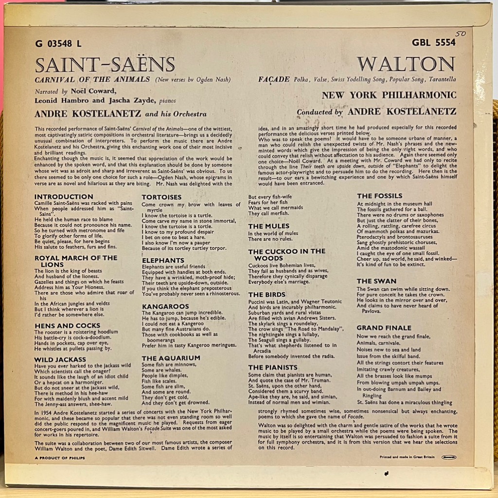vinyl Saint-Saëns / Walton Narraror: Noël Coward, Leonid Hambro And Jascha Zeyde, André Kostelanetz And His Orchestra – The Carnival Of The Animals