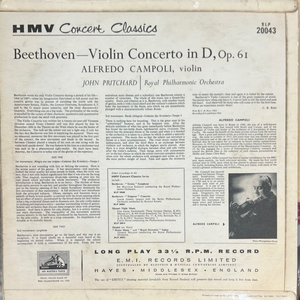 vinyl Beethoven, Alfredo Campoli, Royal Philharmonic Orchestra, John Pritchard – Violin Concerto