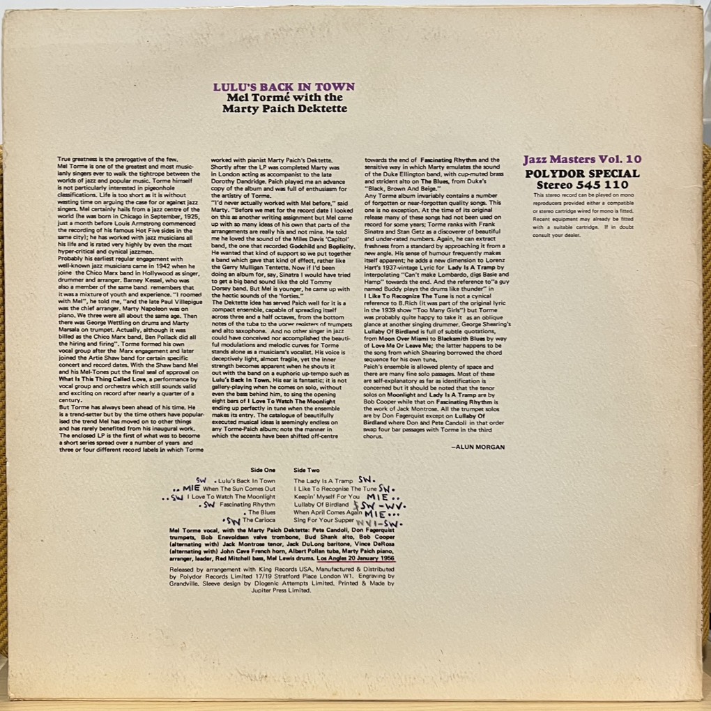 vinyl Mel Tormé With The Marty Paich Dektette – Lulu's Back In Town