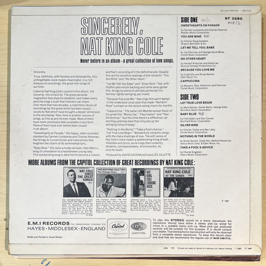 vinyl Nat King Cole – Sincerely, Nat King Cole