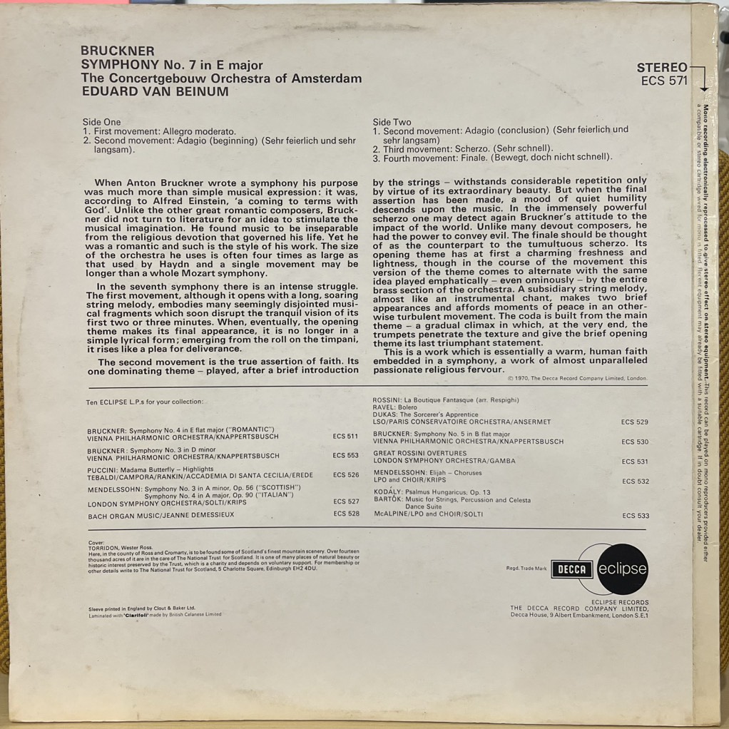 vinyl Bruckner - Concertgebouw Orchestra Of Amsterdam, Eduard Van Beinum – Symphony No. 7 In E Major