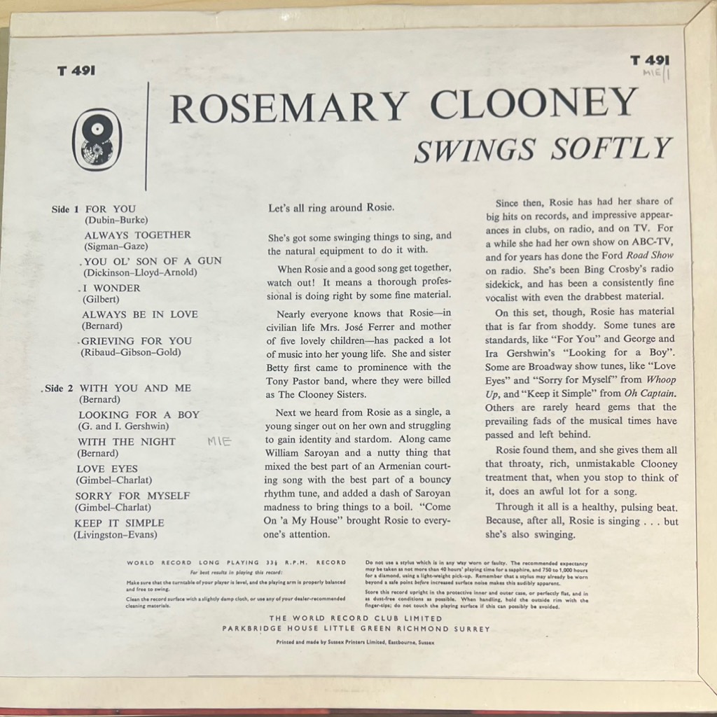 vinyl Rosemary Clooney – Swings Softly