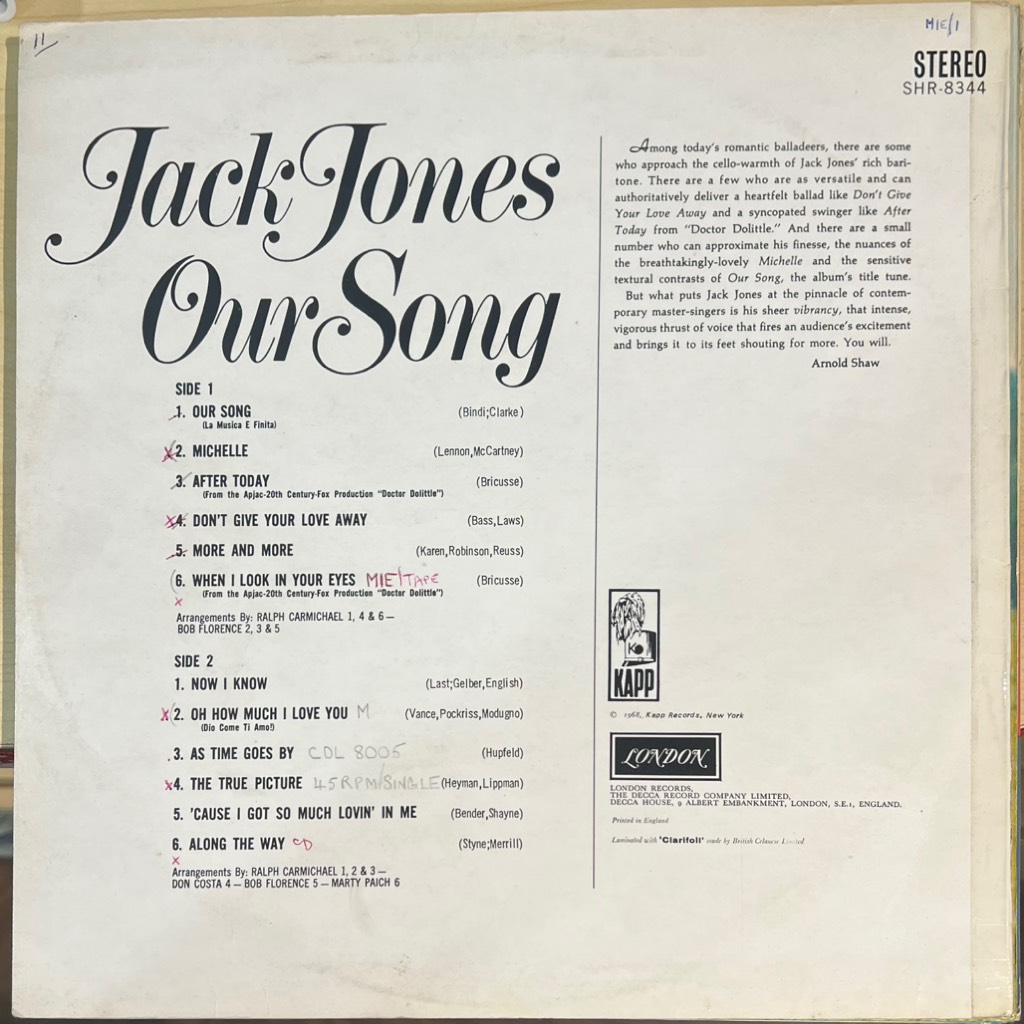 vinyl Jack Jones – Our Song