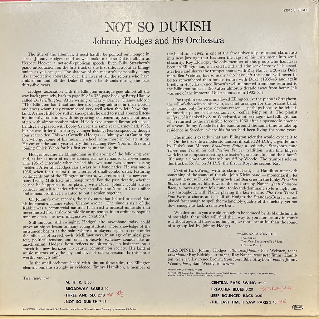 vinyl Johnny Hodges And His Orchestra – Not So Dukish