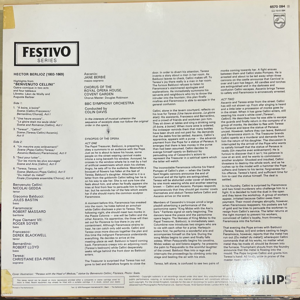 vinyl Berlioz, Nicolai Gedda, Christiane Eda-Pierre, Jules Bastin / Roger Soyer, Colin Davis – Benvenuto Cellini (Excerpts)