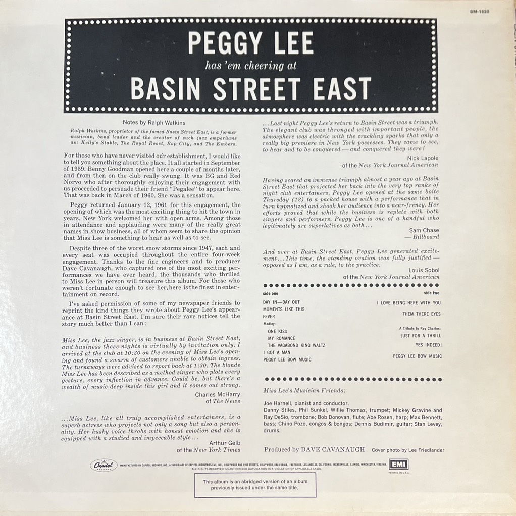 vinyl Miss Peggy Lee – Basin Street East Proudly Presents Miss Peggy Lee Recorded At The Fabulous New York Club