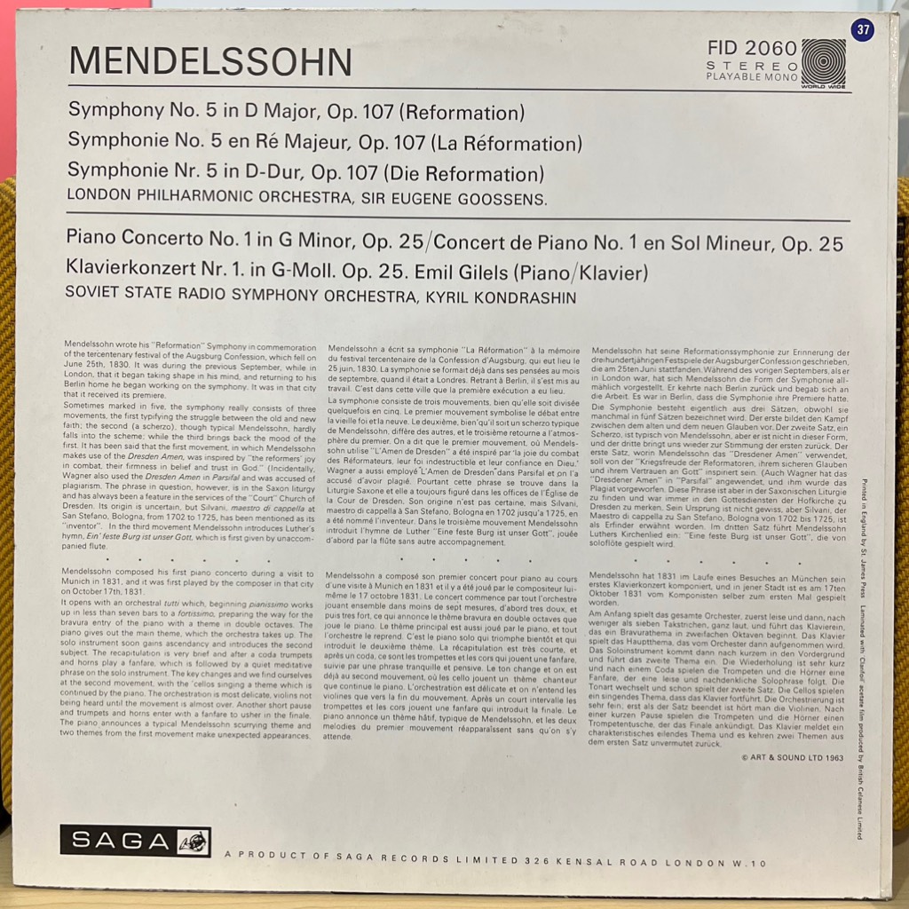vinyl Mendelssohn, London Philharmonic Orchestra, Sir Eugene Goossens, Emil Gilels, Soviet State Radio Symphony Orchestra, Kyril Kondrashin – Reformation Symphony - Piano Concerto No. 1 / Klavierkonzert Nr. 1