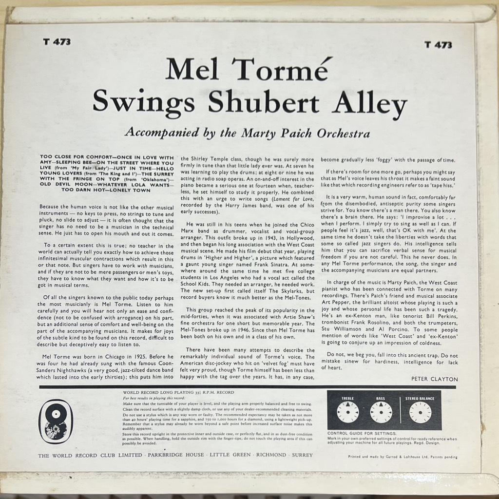 vinyl Mel Tormé – Swings Shubert Alley