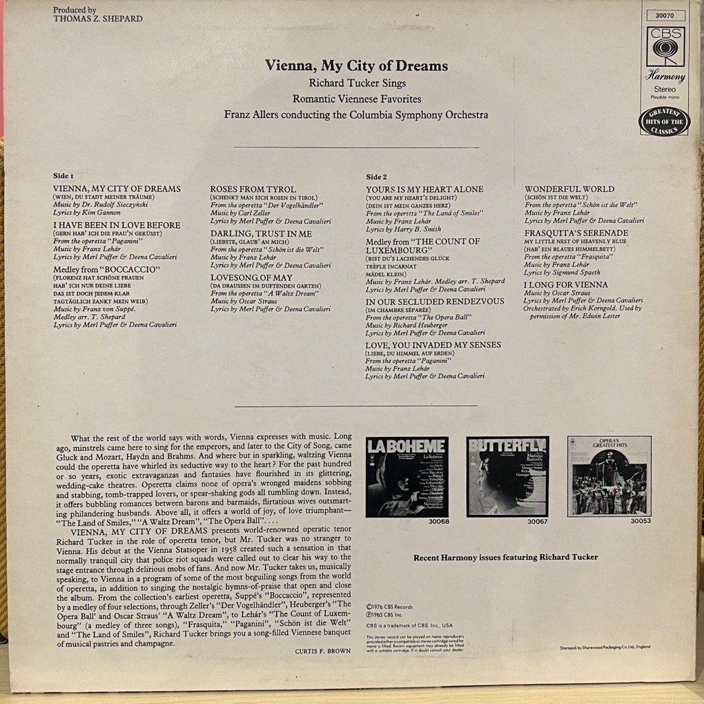 thuê vinyl Richard Tucker – Vienna, My City Of Dreams