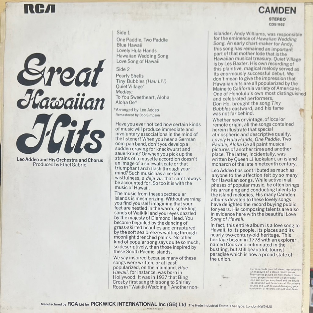 vinyl Leo Addeo And His Orchestra – Great Hawaiian Hits