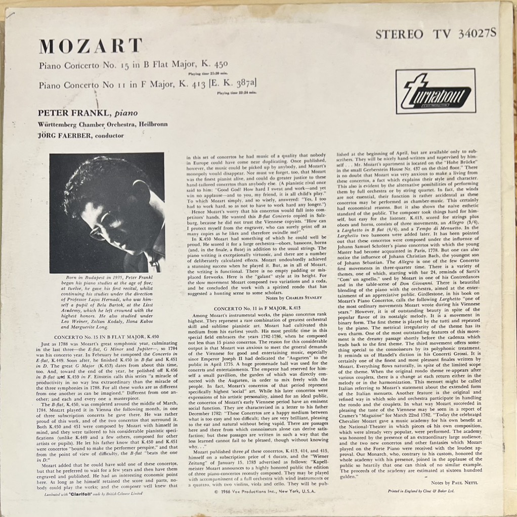 thuê vinyl Mozart, Peter Frankl, Jörg Faerber – Piano Concerto Nº 15 In B Flat Major, K. 450 / Piano Concerto Nº 11 In F Major, K. 413