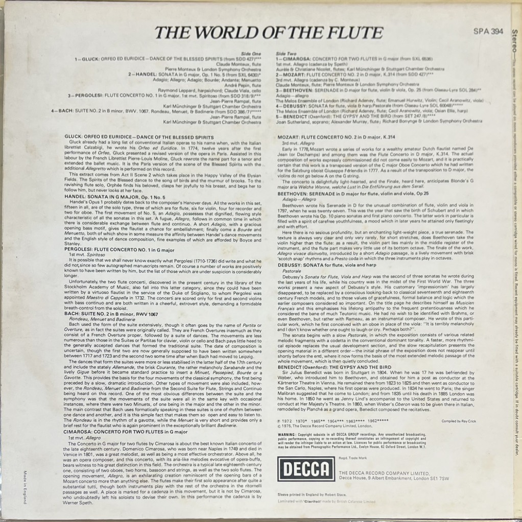vinyl Gluck, Handel, Pergolesi, Bach, Cimarosa, Mozart, Beethoven, Debussy, Benedict – The World Of The Flute