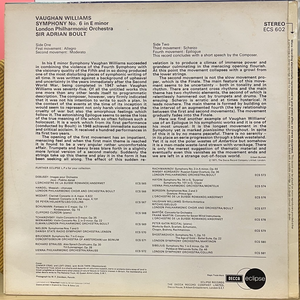 vinyl Vaughan Williams, London Philharmonic Orchestra, Sir Adrian Boult – Symphony No. 6