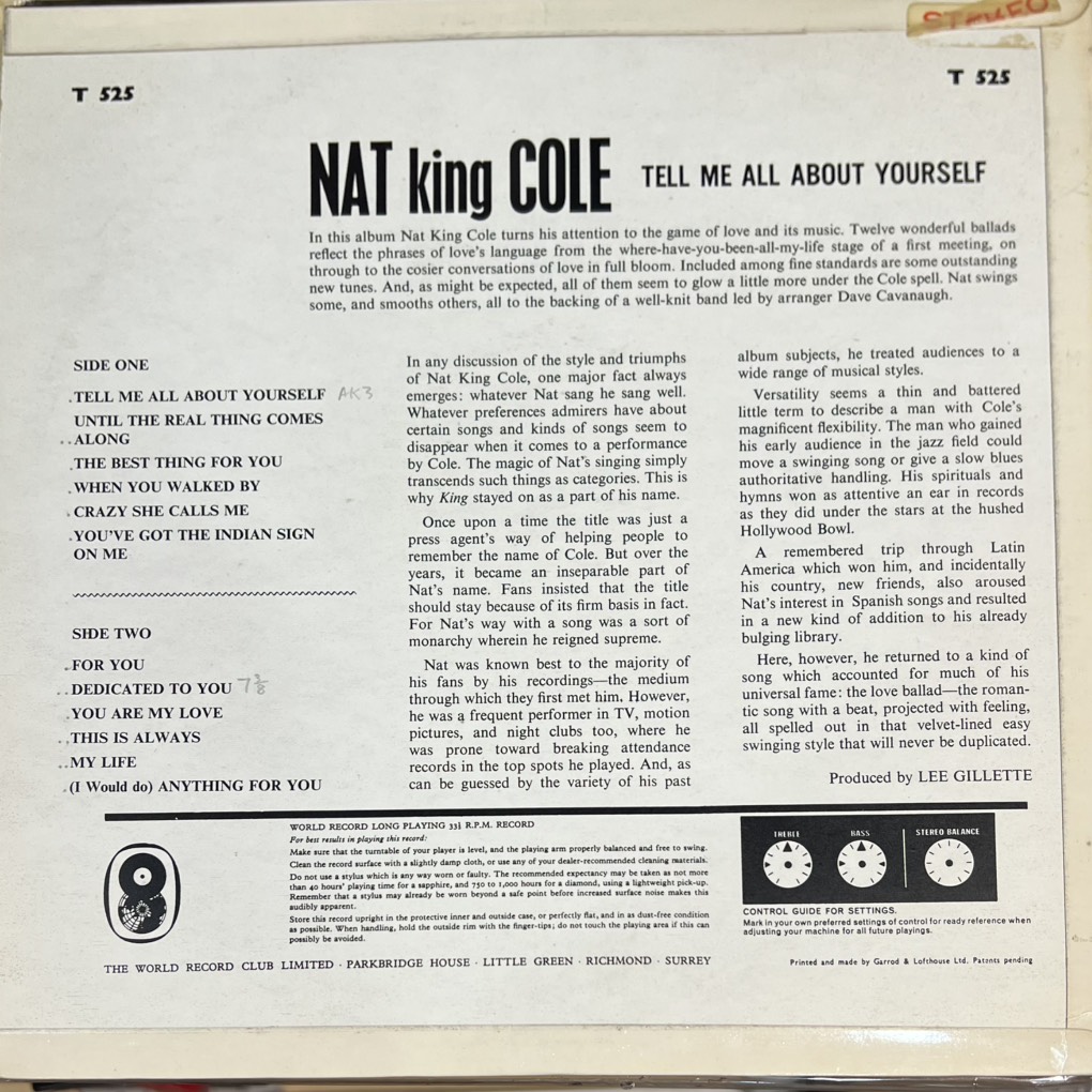 thuê vinyl Nat King Cole – Tell Me All About Yourself