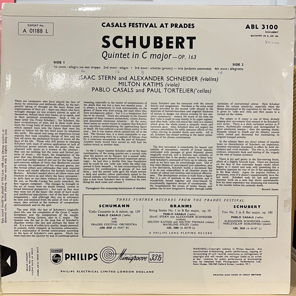 vinyl Schubert, Isaac Stern, Alexander Schneider, Milton Katims, Pablo Casals, Paul Tortelier – Quintet In C Major, Op. 163