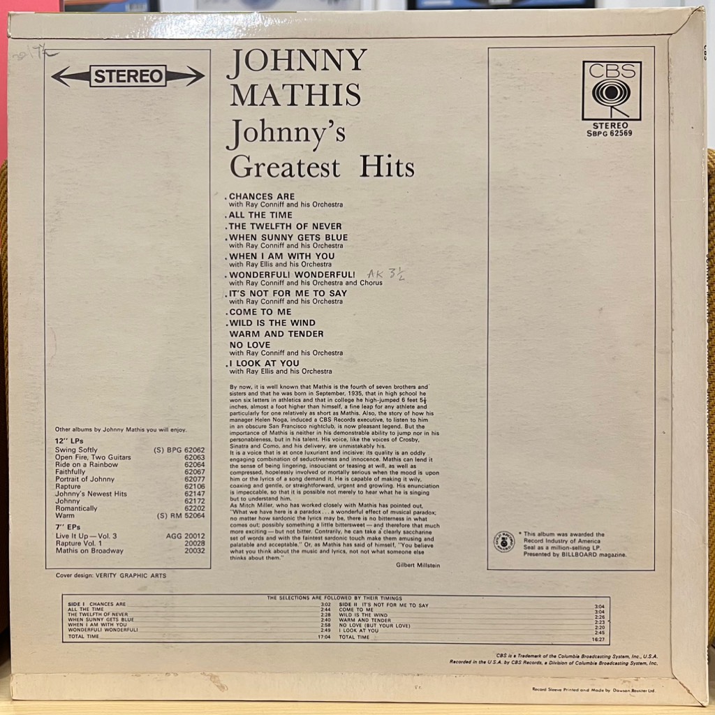 vinyl Johnny Mathis – Johnny's Greatest Hits