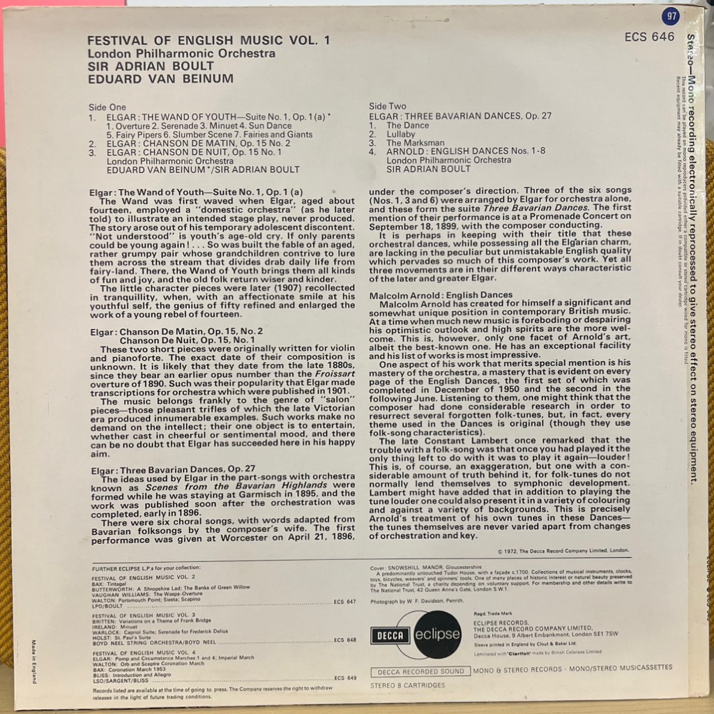 vinyl Elgar, Arnold, The London Philharmonic Orchestra, Sir Adrian Boult, Eduard van Beinum – Festival Of English Music Vol. 1