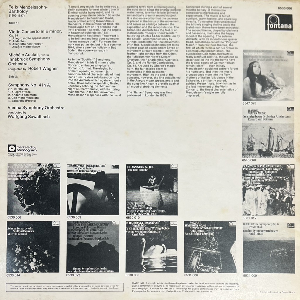 vinyl Mendelssohn, Michèle Auclair, Robert Wagner, Wolfgang Sawallisch – Violinkonzert E-Moll Italienische Sinfonie