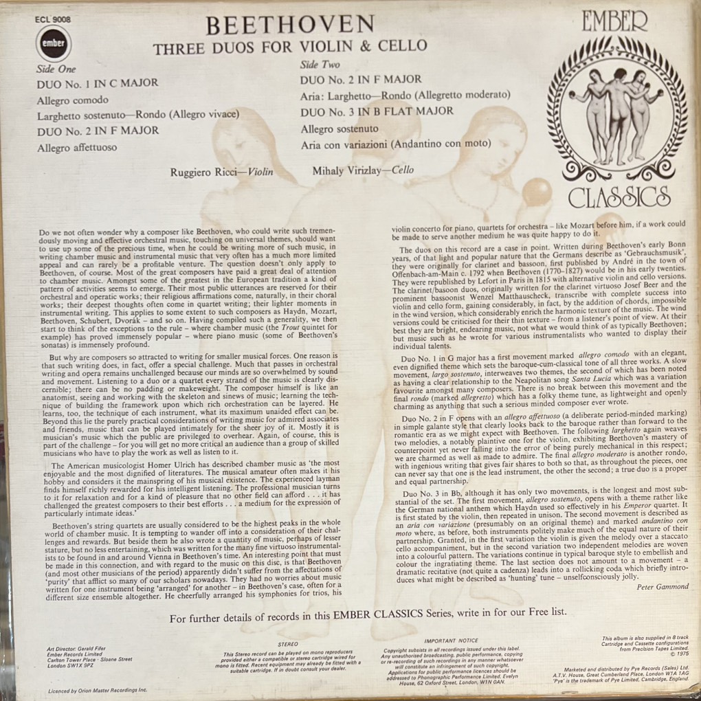 vinyl Beethoven – Ruggiero Ricci, Mihaly Virizlay – Three Duos For Violin & Cello