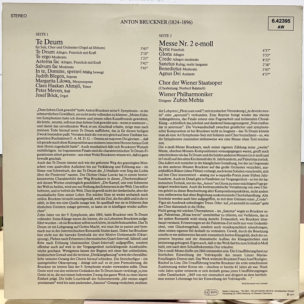 vinyl Anton Bruckner, Judith Blegen, Margarita Lilowa, Claes H. Ahnsjö, Peter Meven, Chor Der Wiener Staatsoper, Wiener Philharmoniker, Zubin Mehta – Te Deum / Messe Nr.2