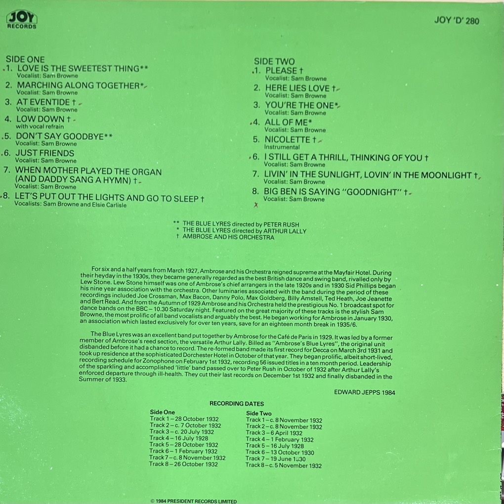 vinyl Ambrose And His Orchestra Featuring The Blue Lyres And Vocals By Sam Browne – Love Is The Sweetest Thing