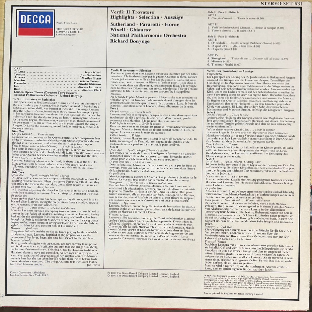 vinyl Verdi, Bonynge – Il Trovatore Highlights