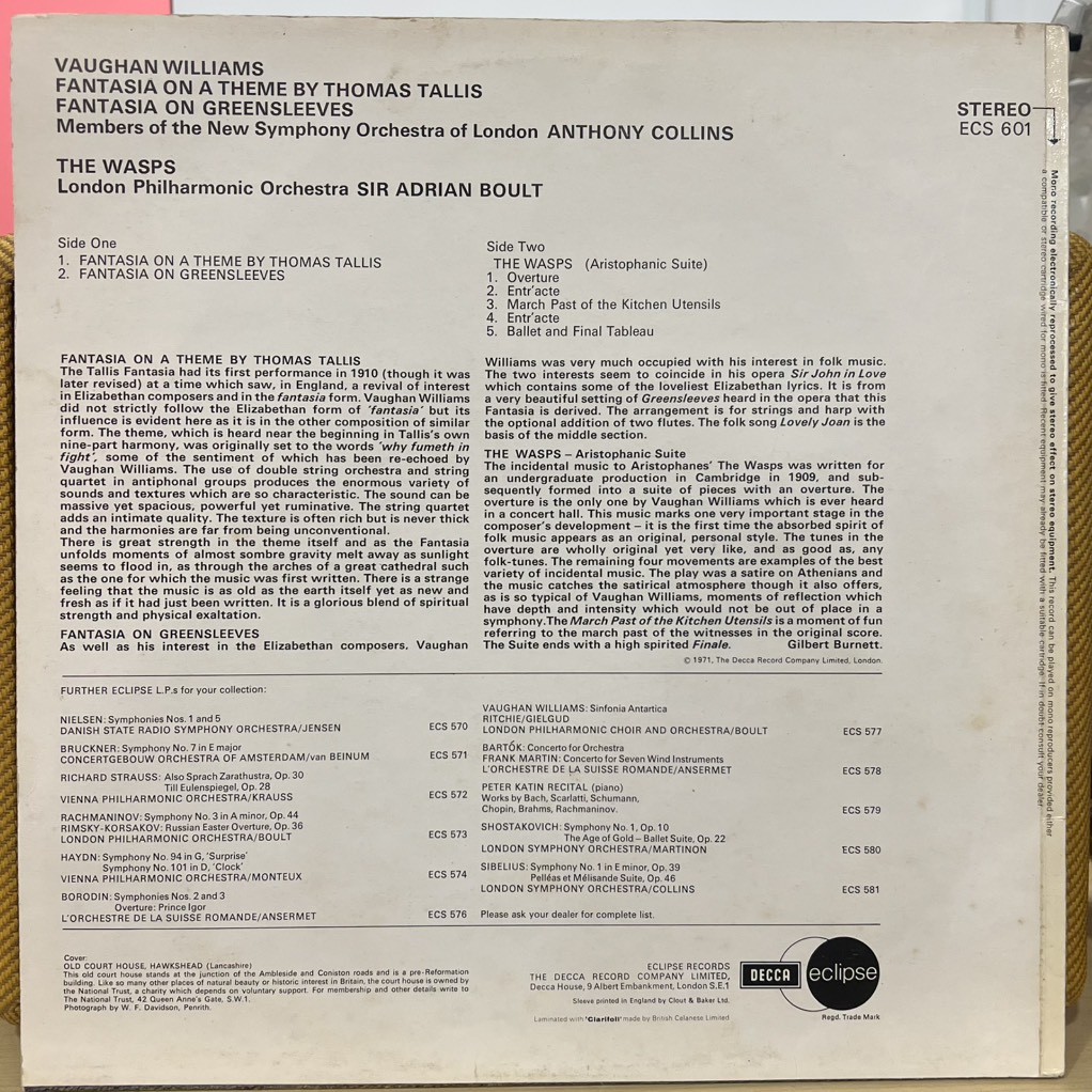 vinyl Vaughan Williams, New Symphony Orchestra Of London, Collins, London Philharmonic Orchestra, Boult – Fantasia On A Theme By Thomas Tallis / Greensleeves / The Wasps