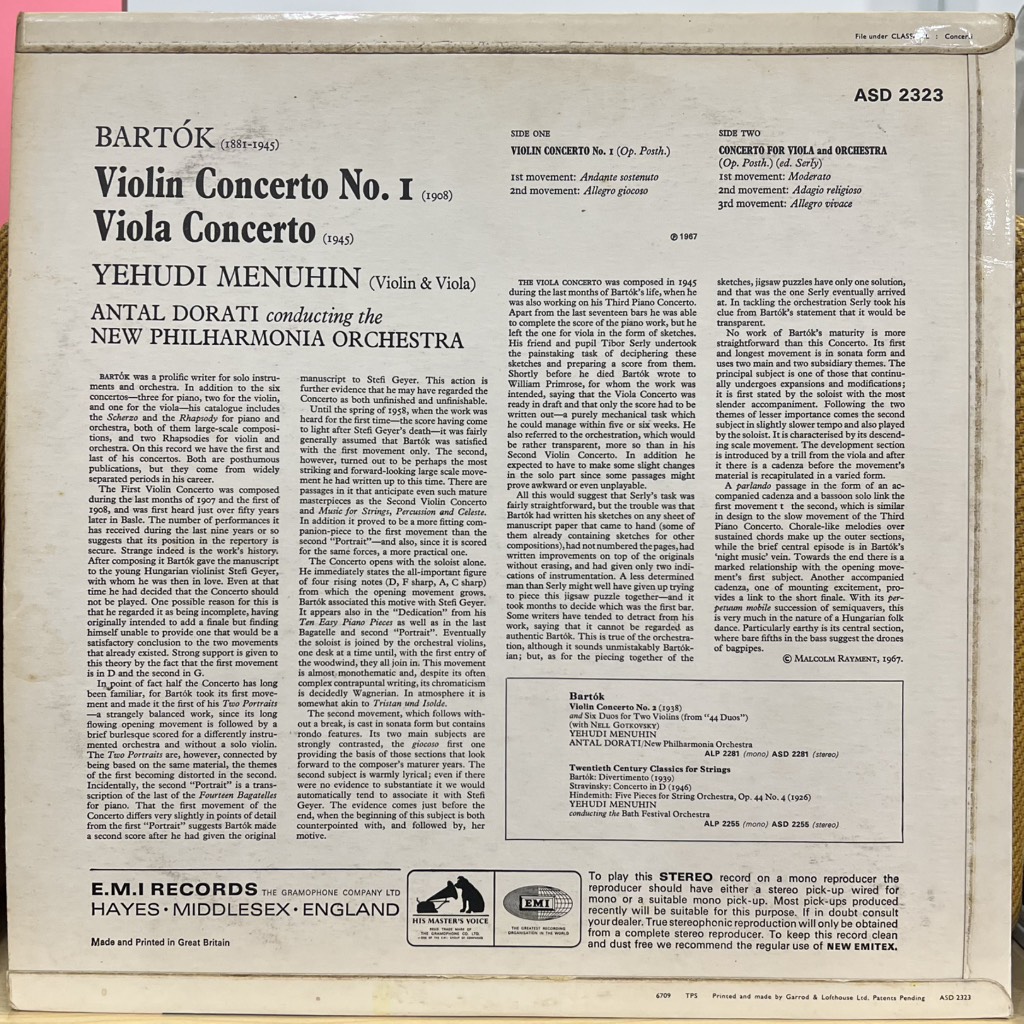 vinyl Bartók, Yehudi Menuhin, Antal Dorati, New Philharmonia Orchestra – Violin Concerto No. 1 (1908) / Viola Concerto (1945)