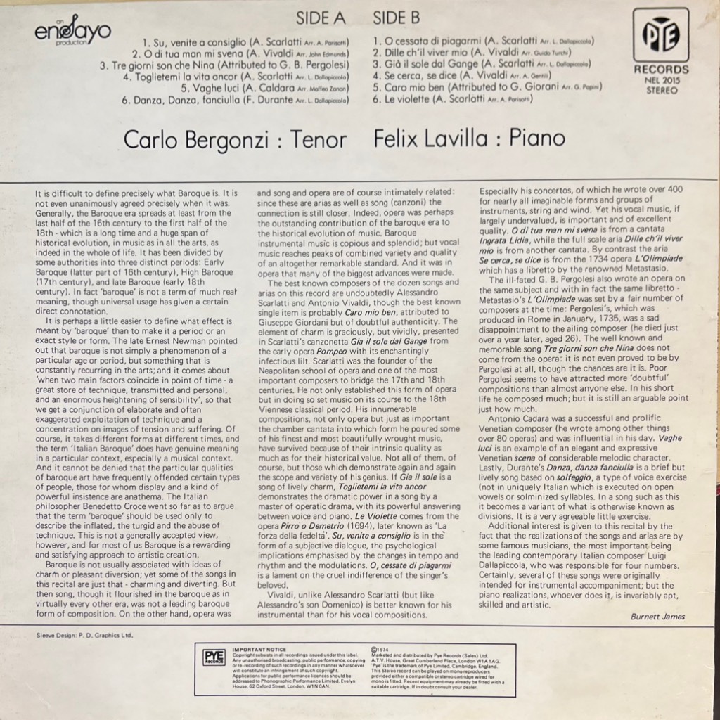 vinyl Carlo Bergonzi, Felix Lavilla – Arias And Songs Of The Italian Baroque