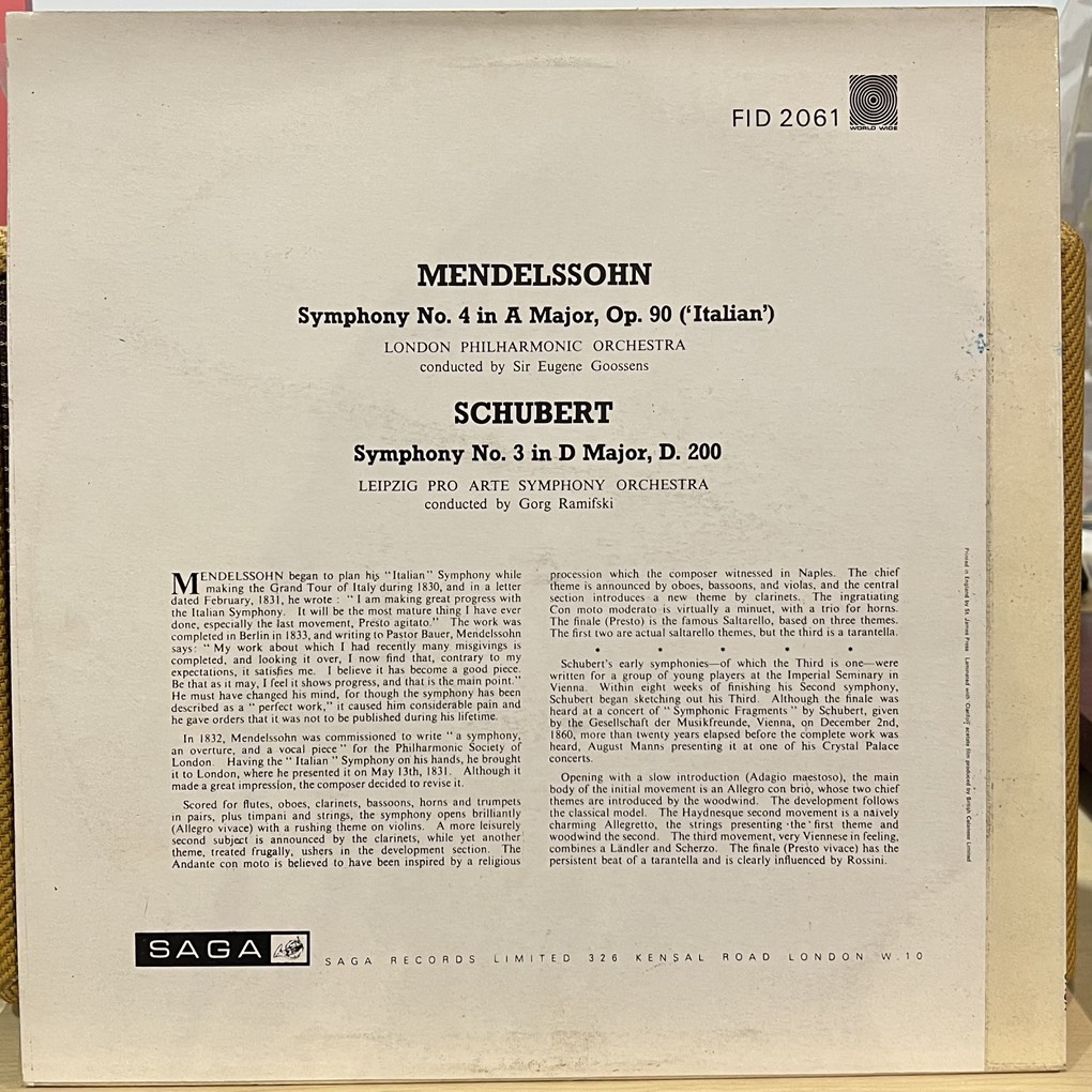vinyl Mendelssohn - The London Philharmonic Orchestra Conductor Sir Eugene Goossens / Schubert - The Leipzig Pro Arte Symphony Orchestra* Conductor Gorg Ramifski – Italian Symphony / Symphony No.3