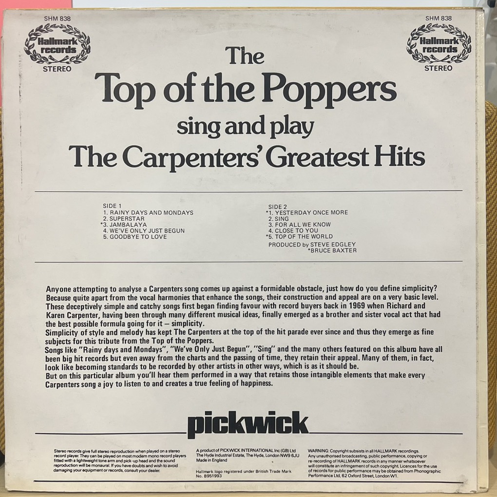 vinyl The Top Of The Poppers – Sing And Play The Carpenters' Greatest Hits