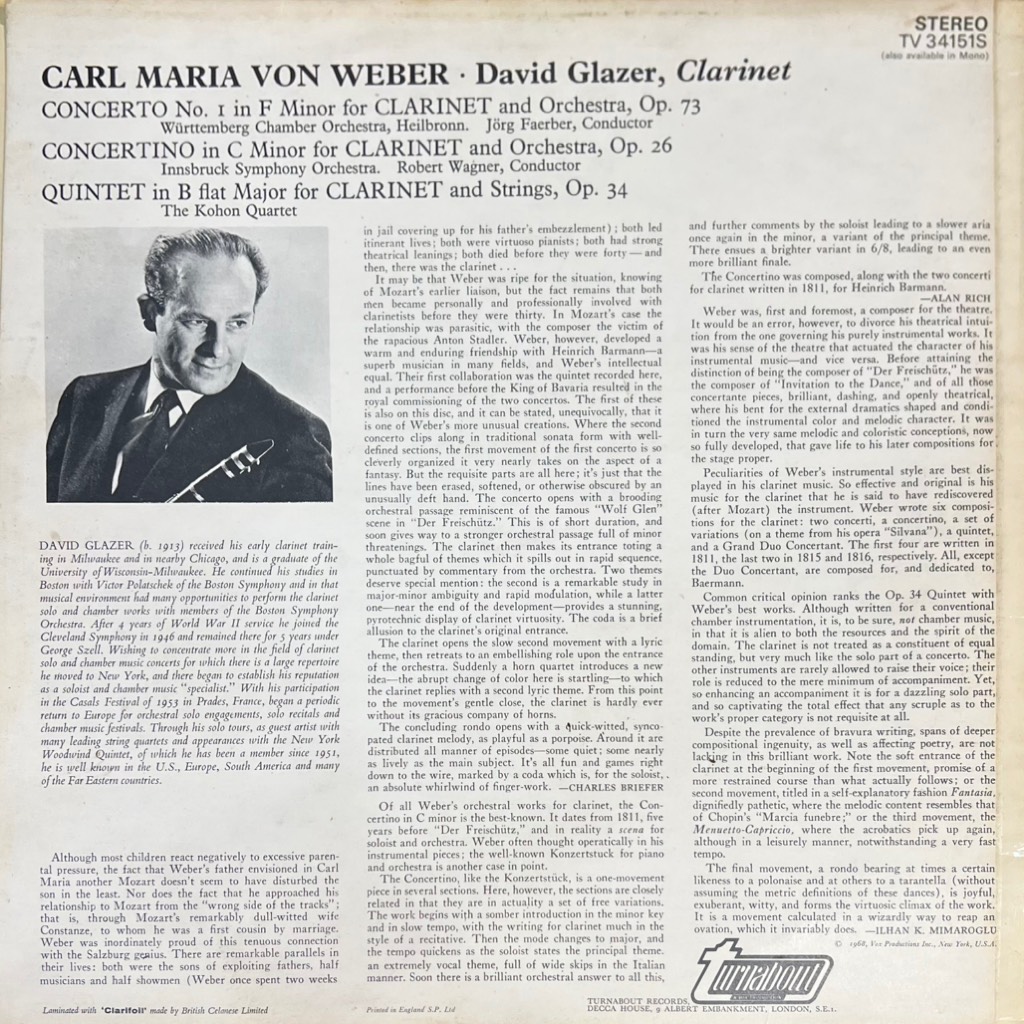 thuê vinyl Carl Maria von Weber / David Glazer – Concerto Nº 1, Clarinet / Concertino, Clarinet / Quintet Clarinet