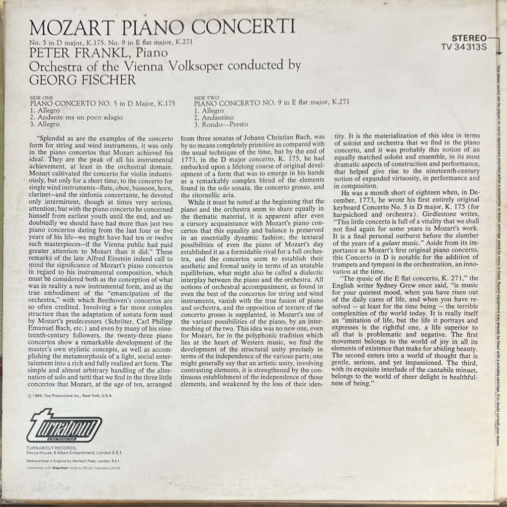 thuê viny Mozart, Peter Frankl, Georg Fischer – Piano Concerti No. 5 In D Major, K. 175 / No. 9 In E-Flat Major, K. 271