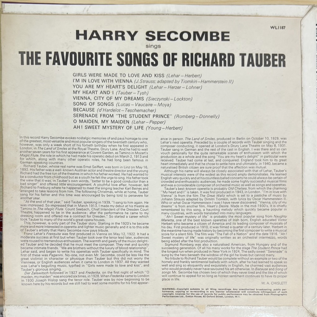 vinyl Harry Secombe – Harry Secombe Sings The Favourite Songs Of Richard Tauber