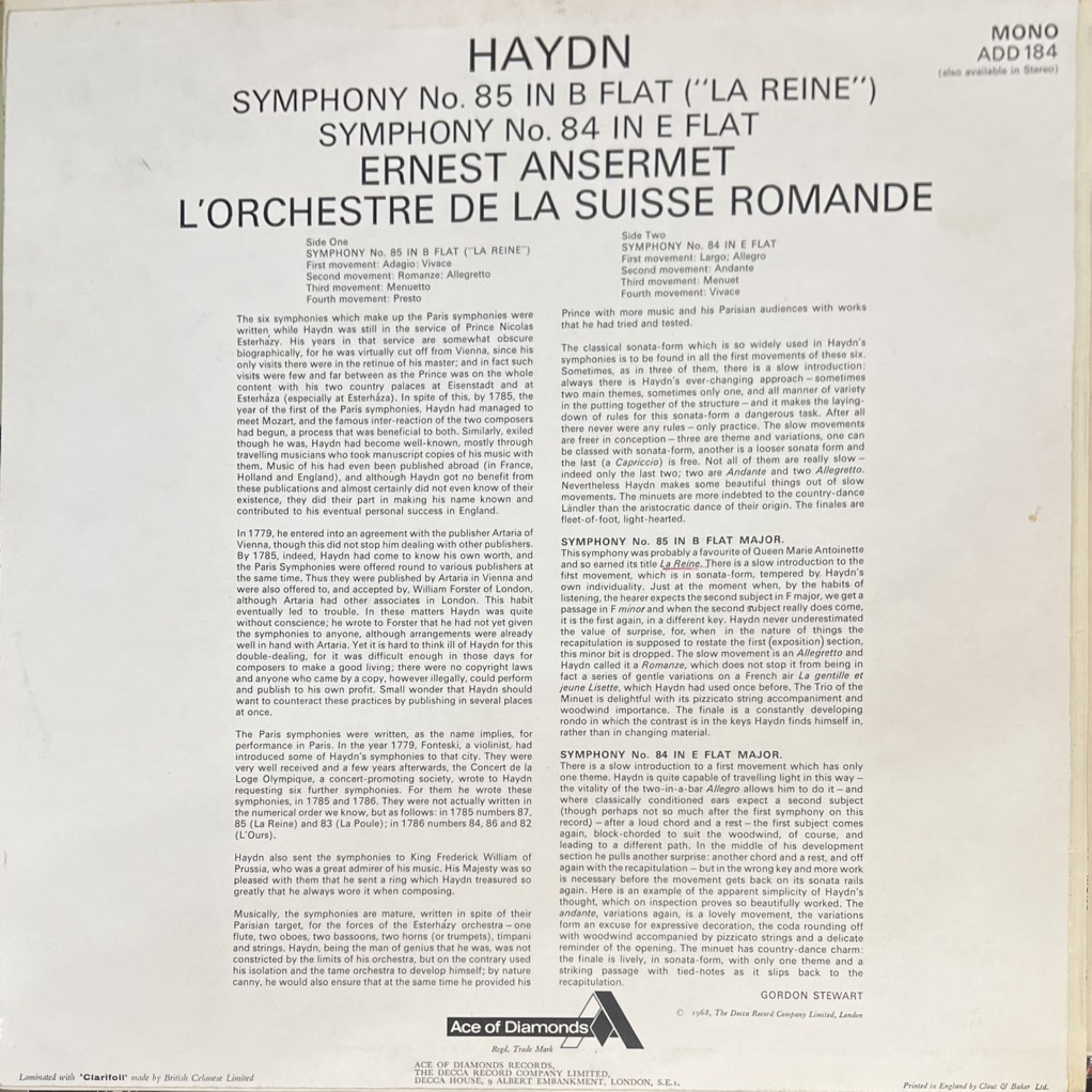 vinyl Haydn, Ernest Ansermet, L'Orchestre De La Suisse Romande – Symphony No. 85 In B Flat (