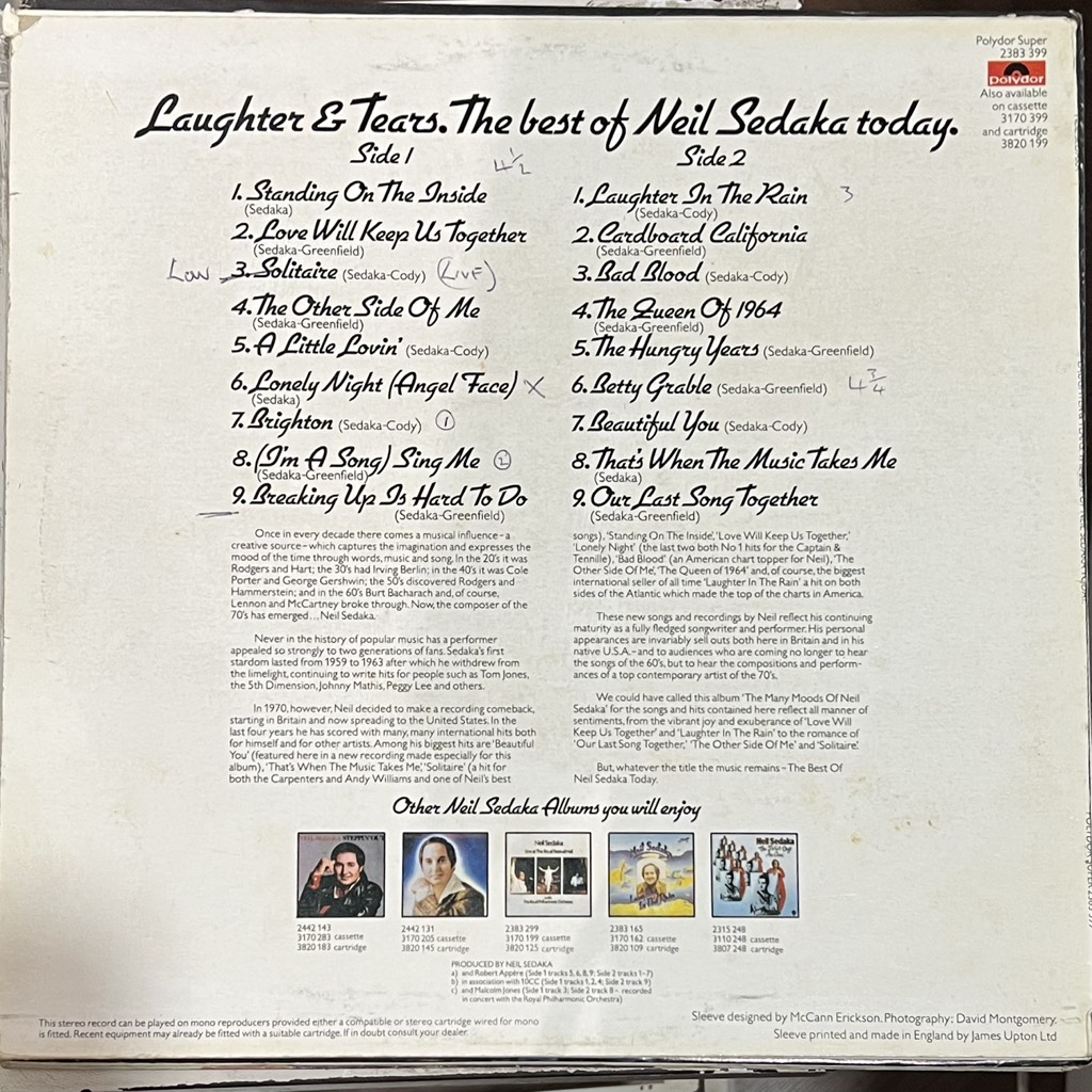 vinyl Neil Sedaka – Laughter And Tears (The Best Of Neil Sedaka Today )