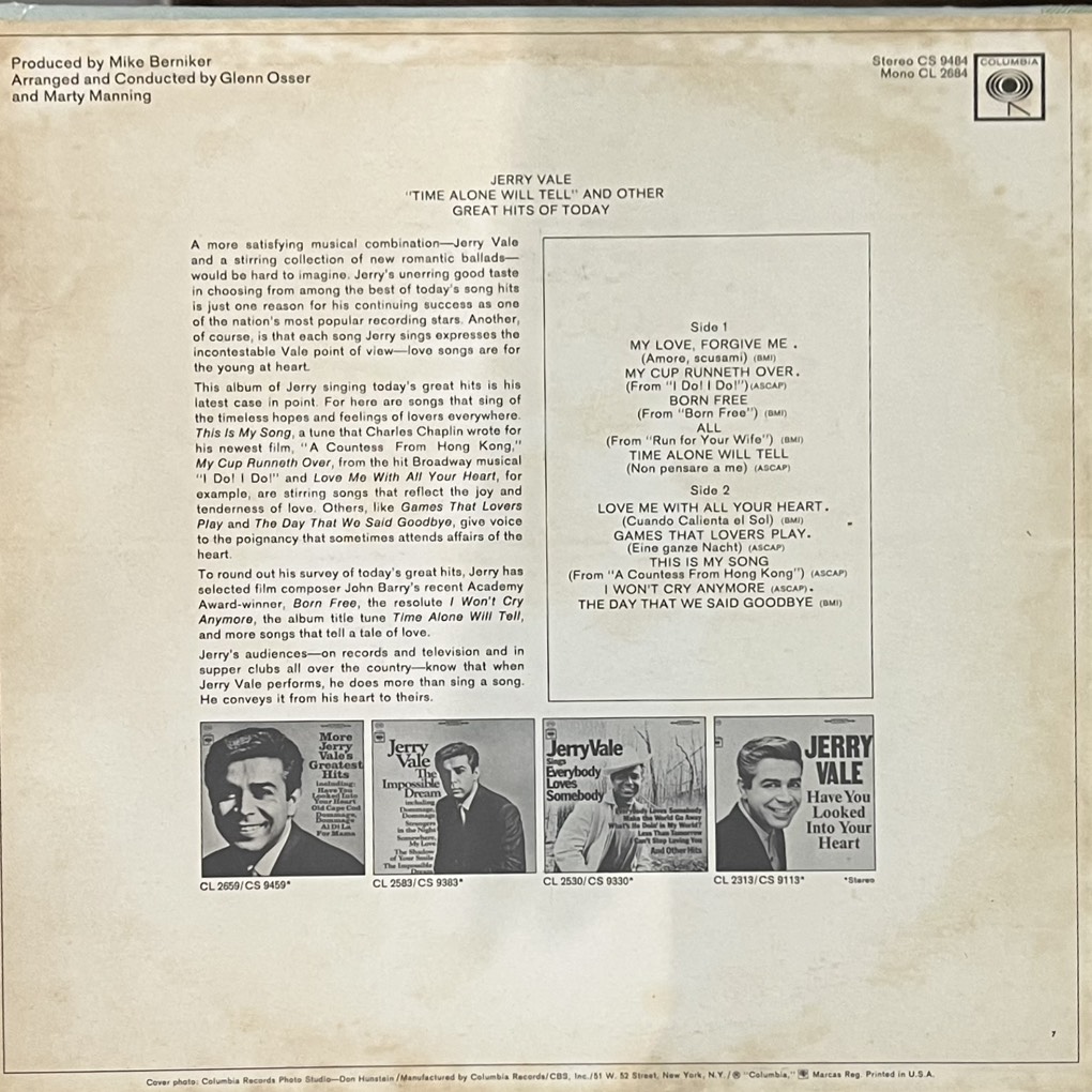 vinyl Jerry Vale – Time Alone Will Tell And Other Great Hits Of Today