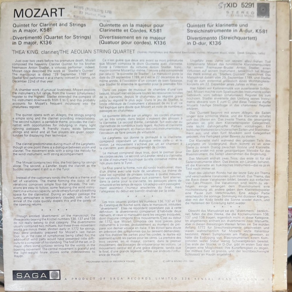 vinyl Mozart, Thea King, Aeolian String Quartet – Quintet For Clarinet & Strings In A Major, K581, Divertimento In D, K136