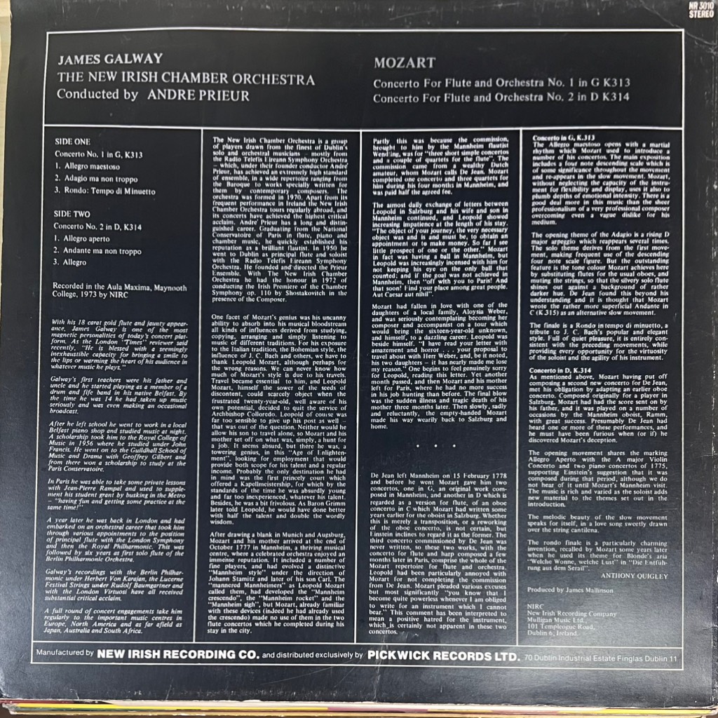 vinyl James Galway, Mozart, The New Irish Chamber Orchestra Conducted By Andre Prieur – Concerto For Flute & Orchestra No.1 / Concerto For Flute & Orchestra No.2