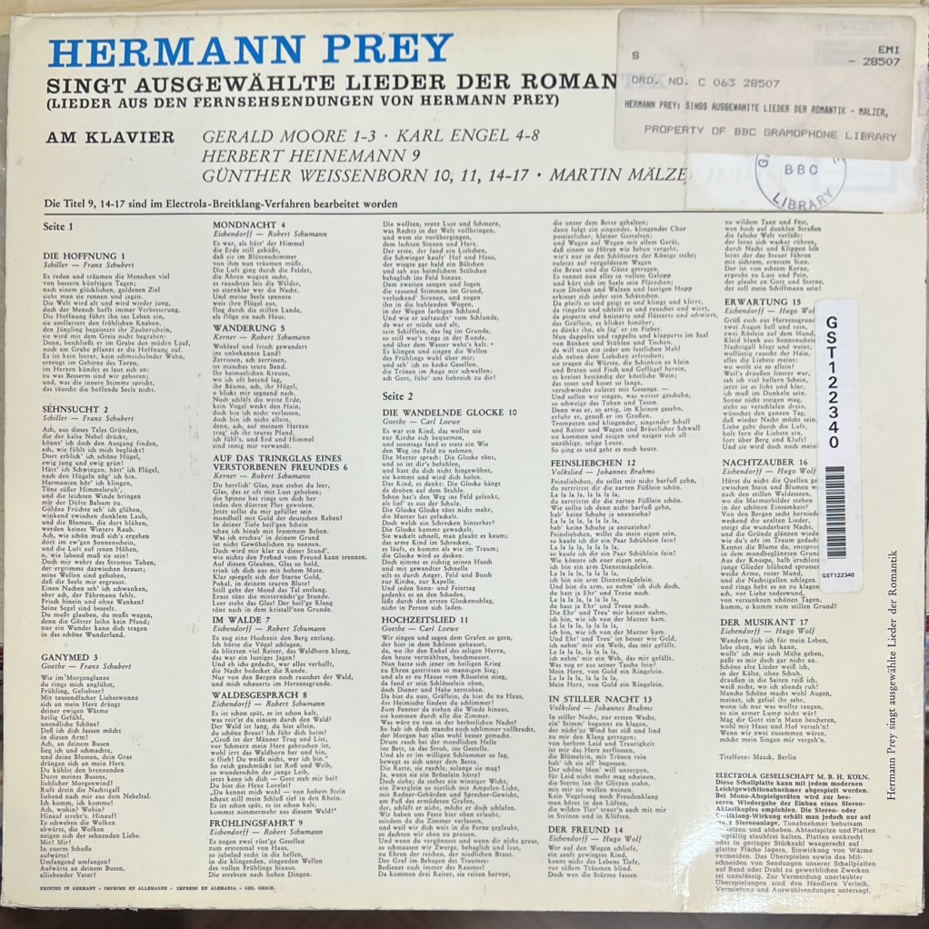 vinyl Hermann Prey – Singt Ausgewählte Lieder Der Romantik