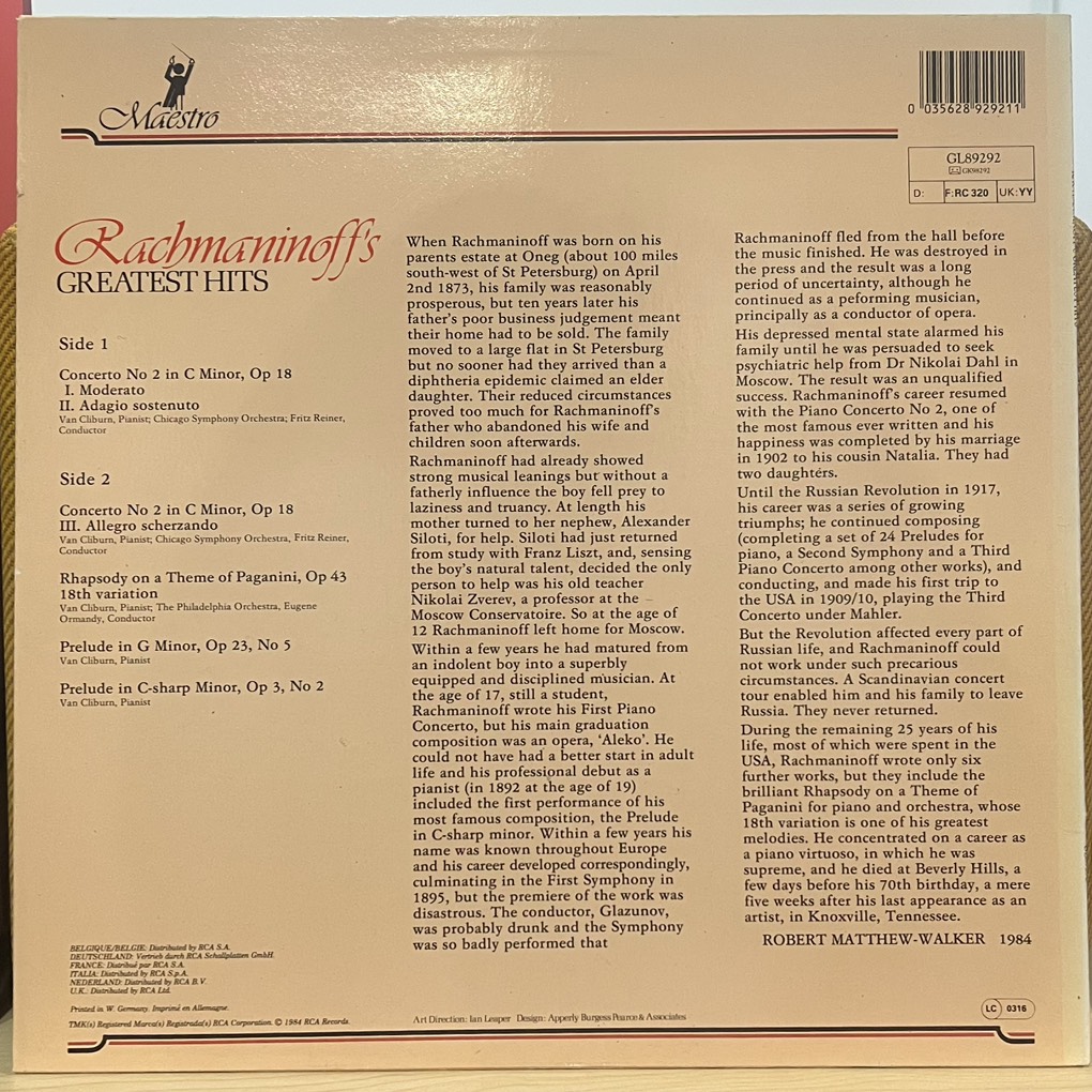 vinyl Rachmaninoff, Van Cliburn – Rachmaninoff's Greatest Hits