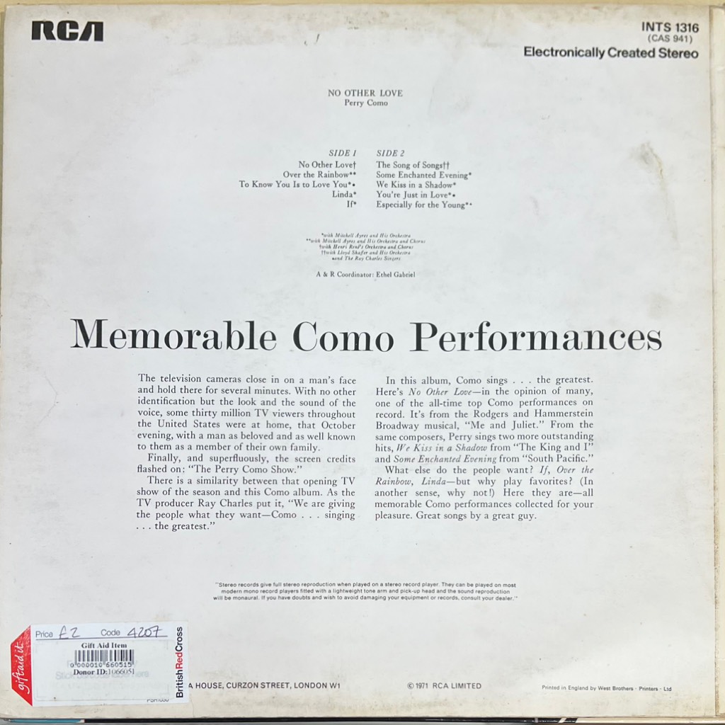 vinyl Perry Como – No Other Love
